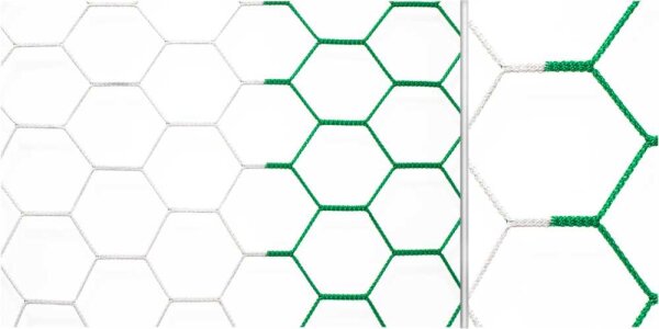 Fußballtornetz 7,50 x 2,50 m grün/weiß 3,5 mm stark mit wabenförmigen Maschen oben 200 cm unten 200 cm tief