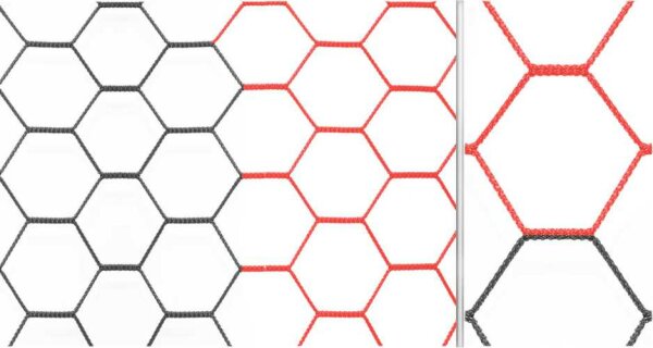 Fußballtornetz 7,50 x 2,50 m schwarz/rot 3,5 mm stark mit wabenförmigen Maschen oben 200 cm unten 200 cm tief